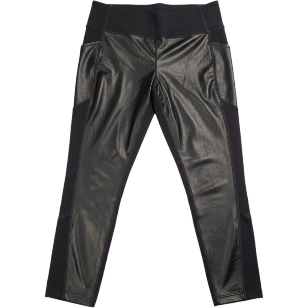 Athleta Faux Leather Front Leggings Black High Rise Pockets Large Mixed Media